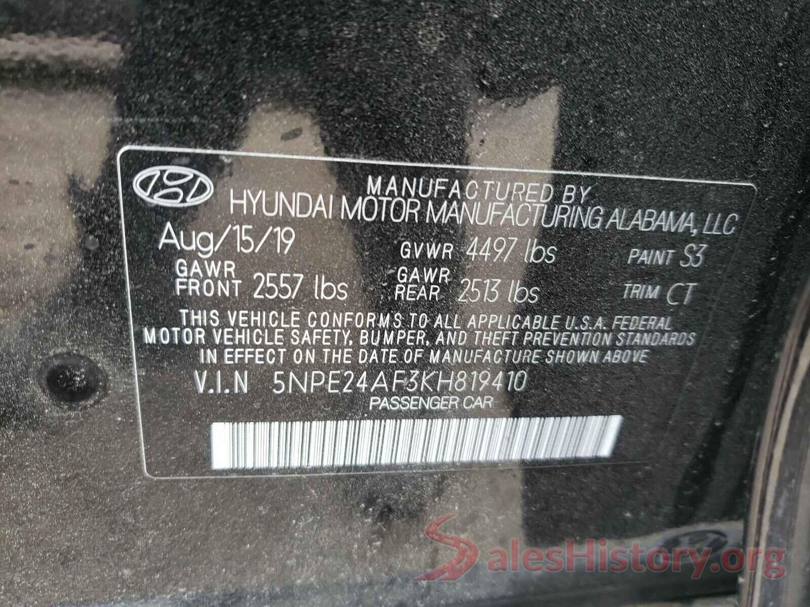 5NPE24AF3KH819410 2019 HYUNDAI SONATA