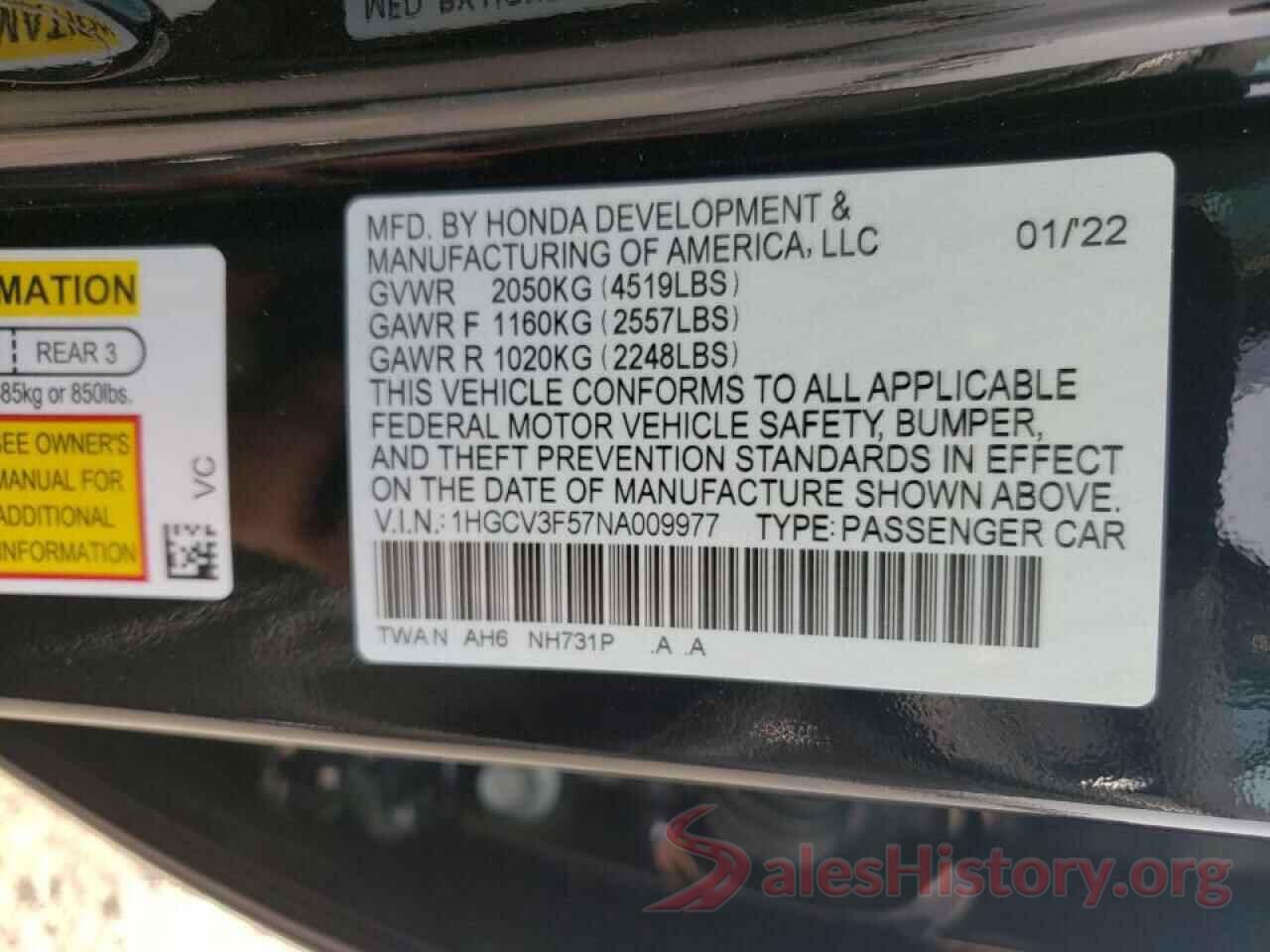 1HGCV3F57NA009977 2022 HONDA ACCORD