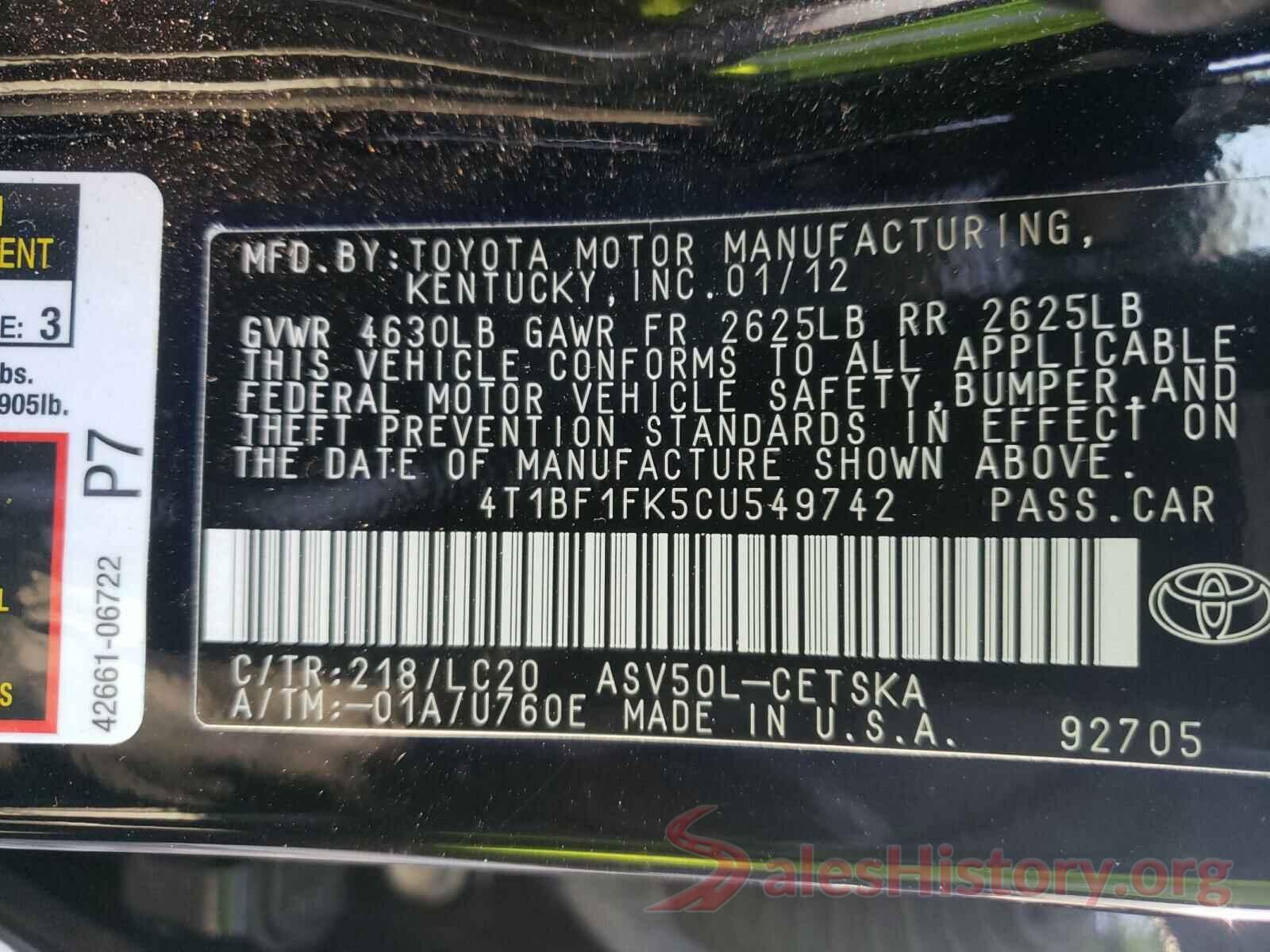 4T1BF1FK5CU549742 2012 TOYOTA CAMRY