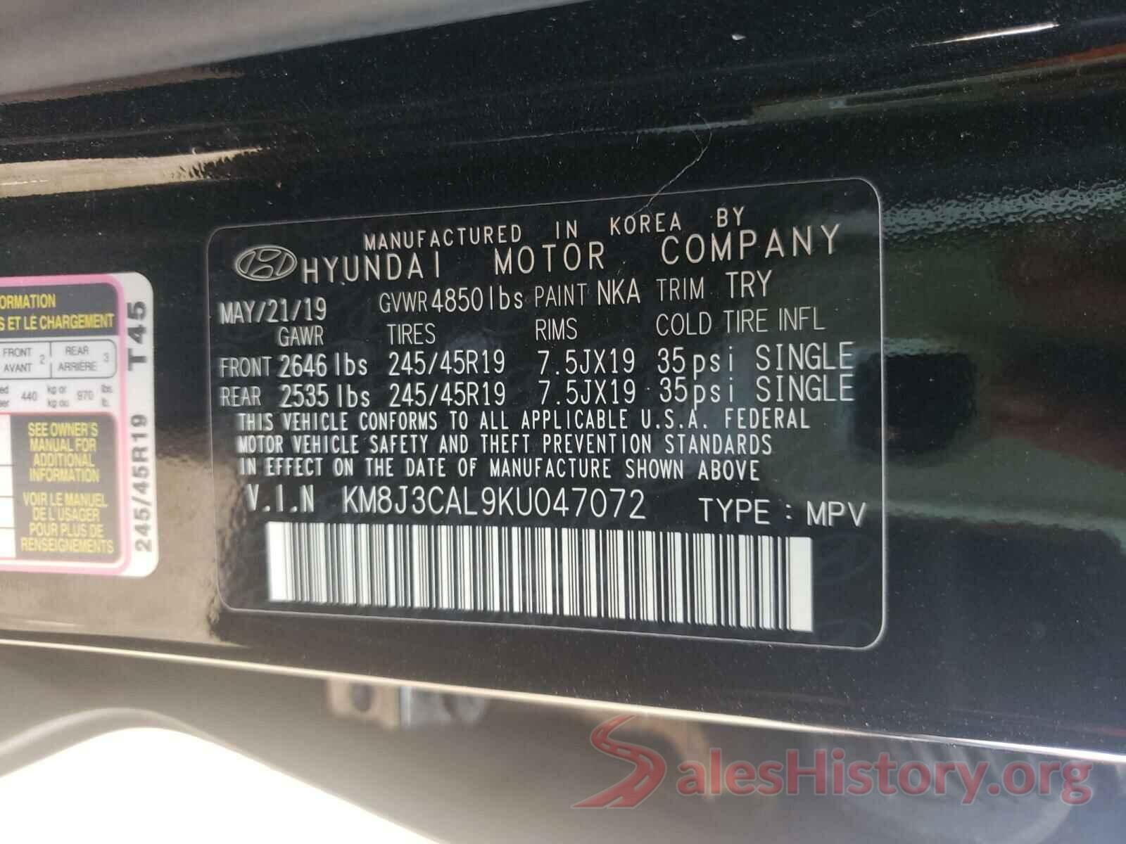 KM8J3CAL9KU047072 2019 HYUNDAI TUCSON