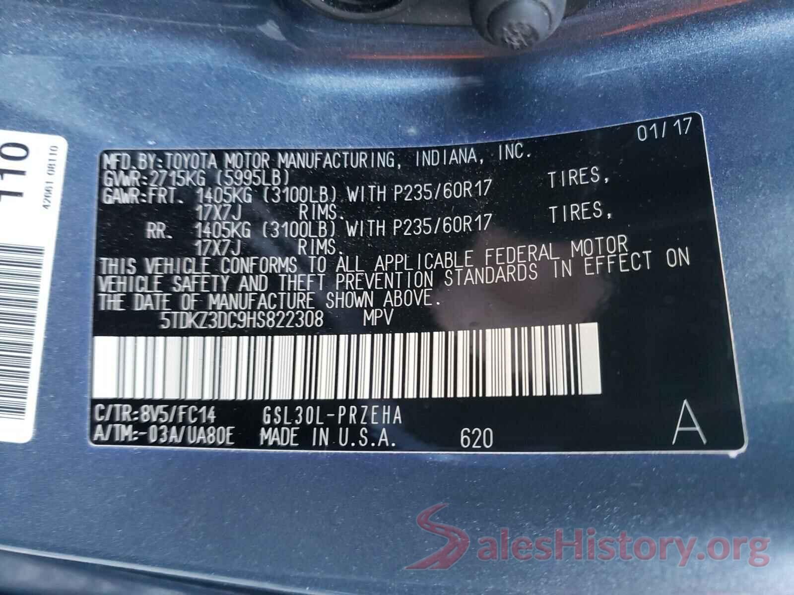 5TDKZ3DC9HS822308 2017 TOYOTA SIENNA