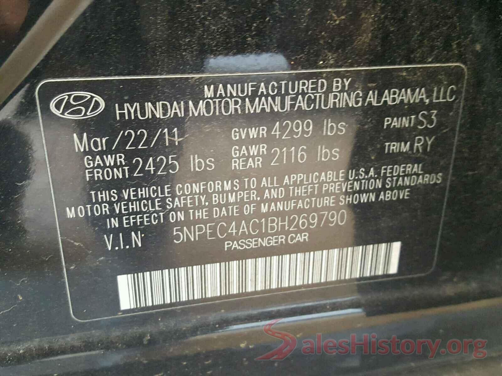 5NPEC4AC1BH269790 2011 HYUNDAI SONATA