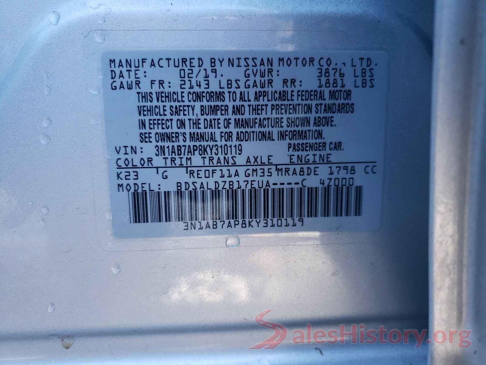 3N1AB7AP8KY310119 2019 NISSAN SENTRA