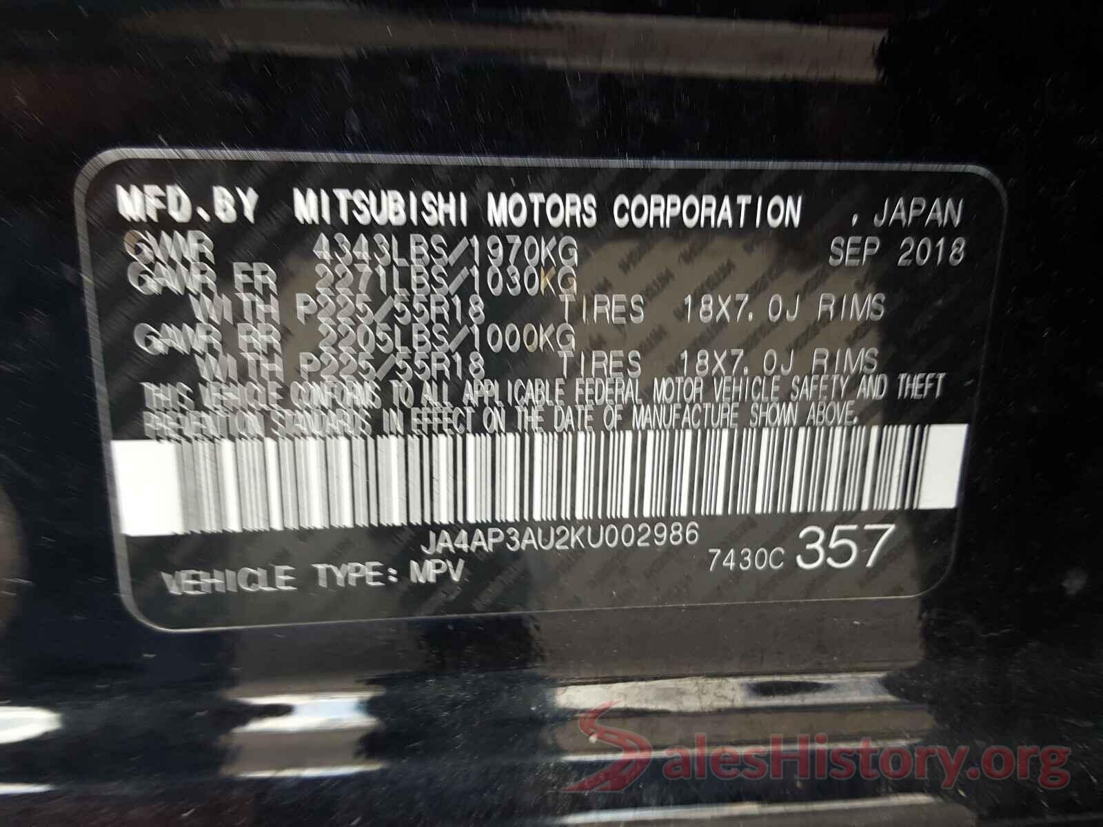 JA4AP3AU2KU002986 2019 MITSUBISHI OUTLANDER