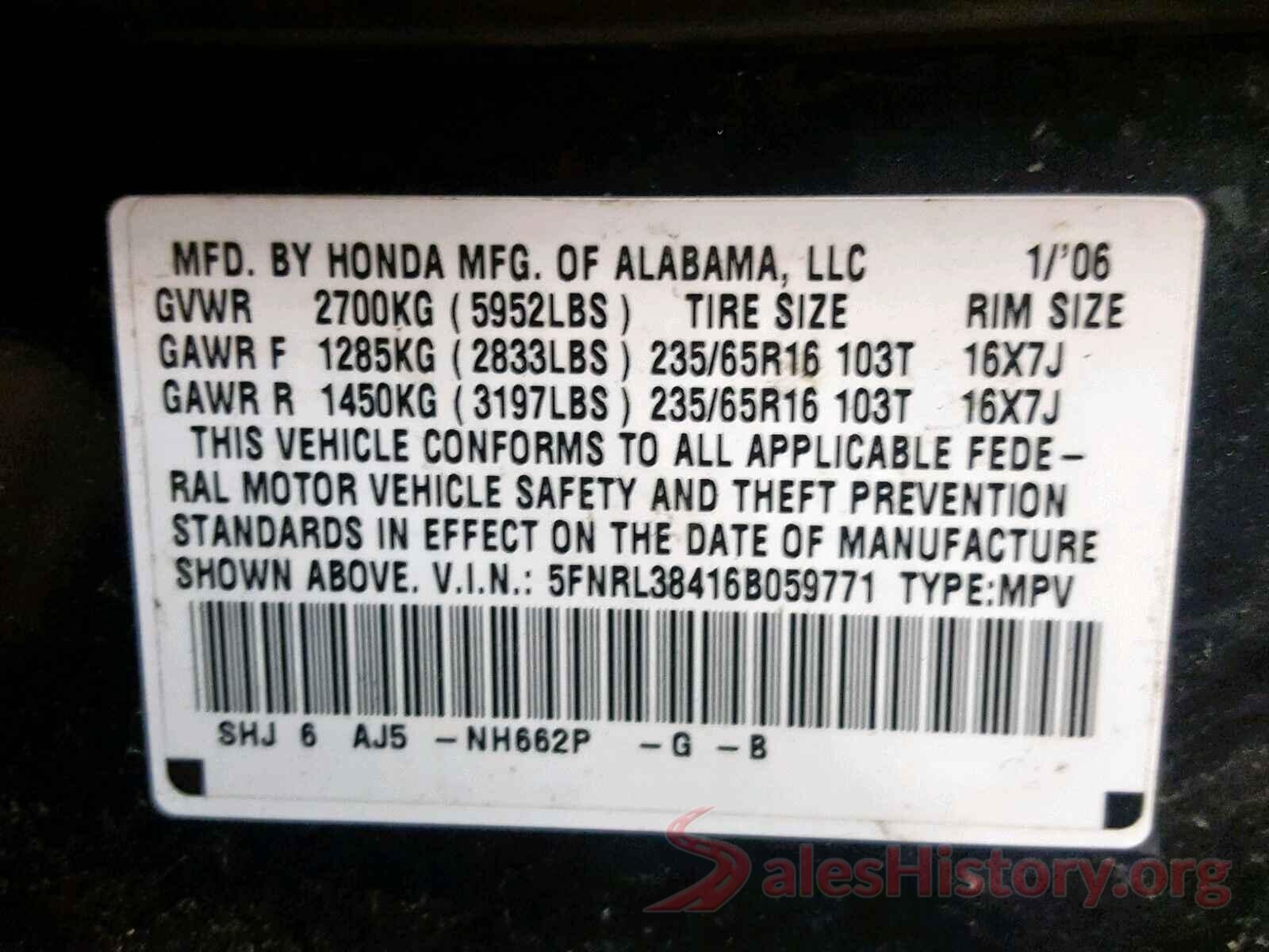 5FNRL38416B059771 2006 HONDA ODYSSEY EX