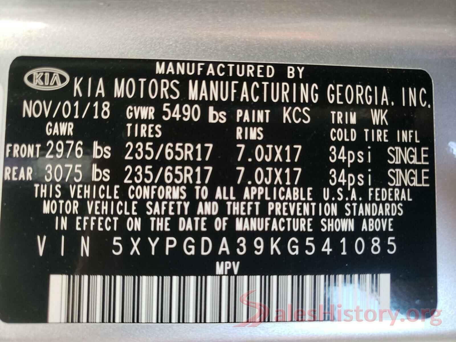 5XYPGDA39KG541085 2019 KIA SORENTO