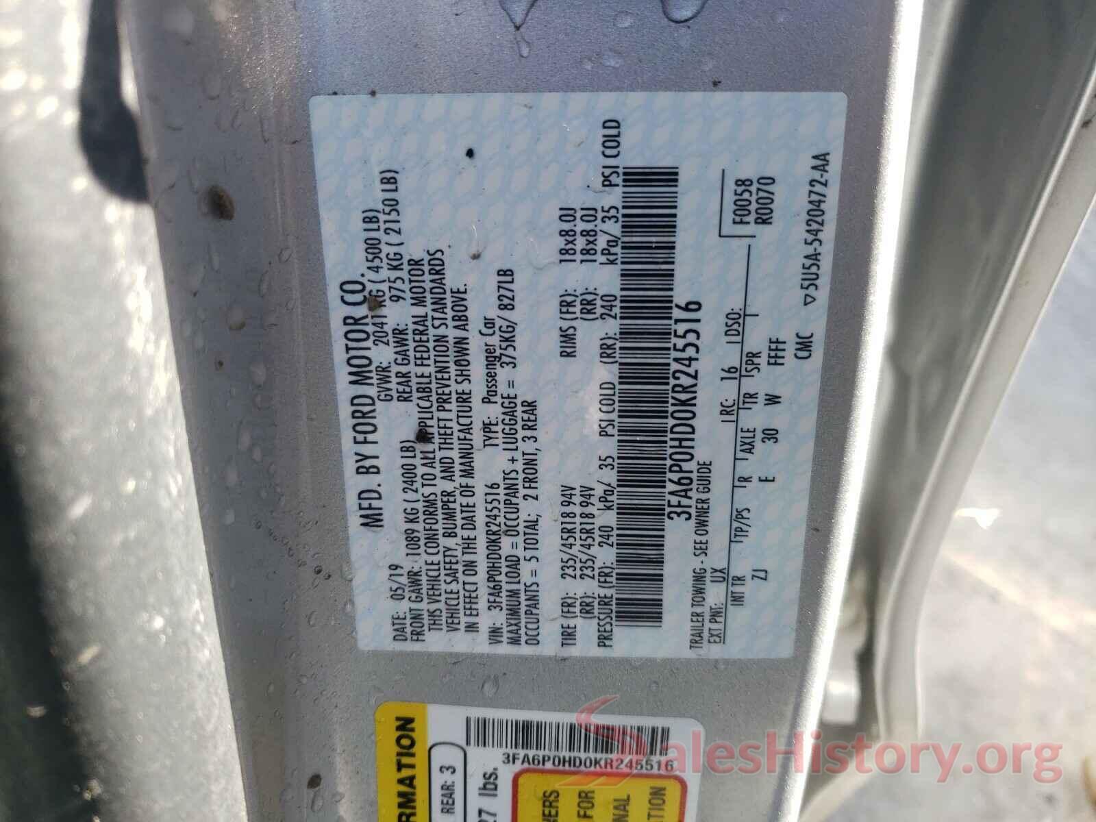 3FA6P0HD0KR245516 2019 FORD FUSION