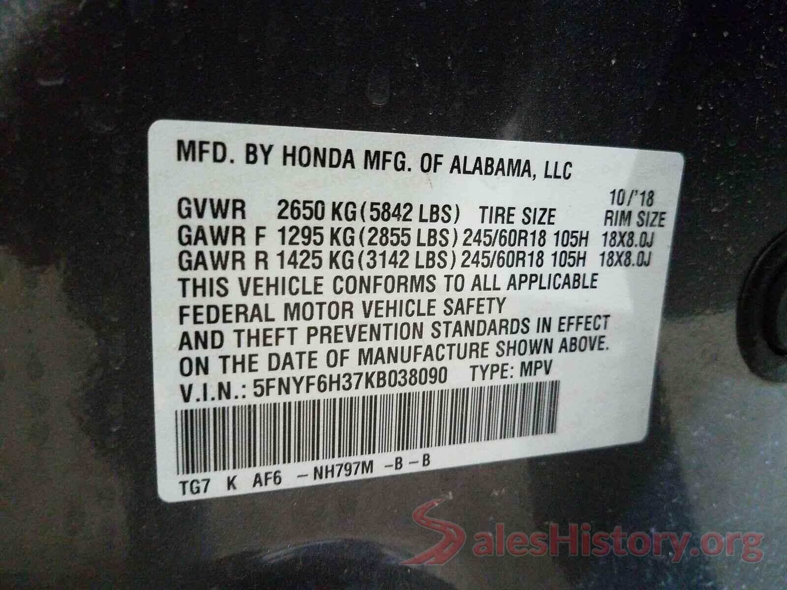 5FNYF6H37KB038090 2019 HONDA PILOT