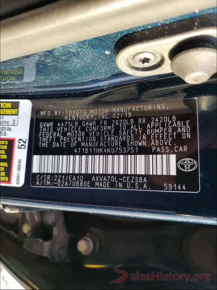 4T1B11HK4KU753751 2019 TOYOTA CAMRY