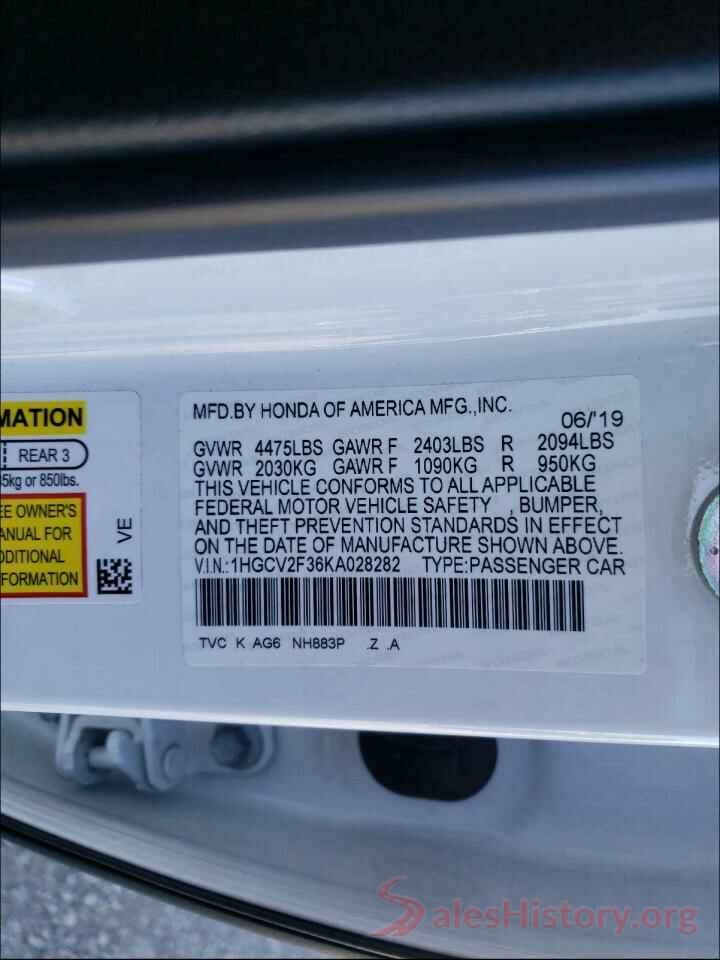 1HGCV2F36KA028282 2019 HONDA ACCORD