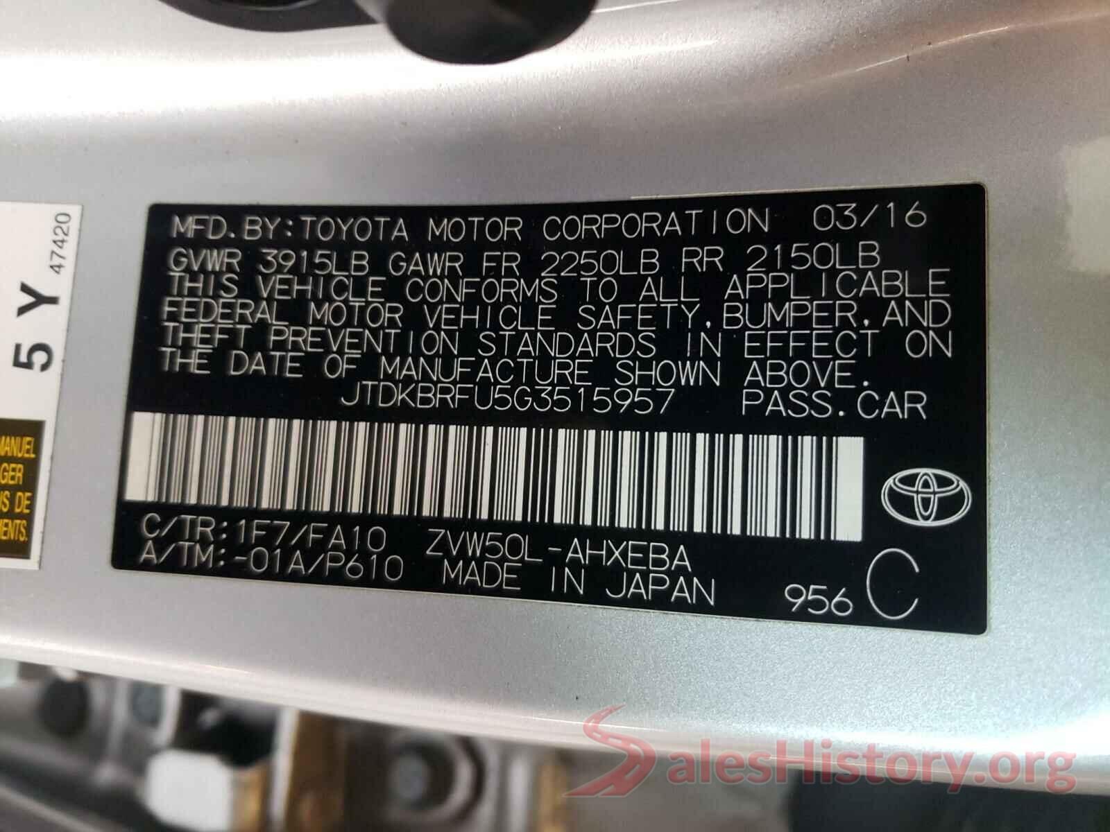 JTDKBRFU5G3515957 2016 TOYOTA PRIUS