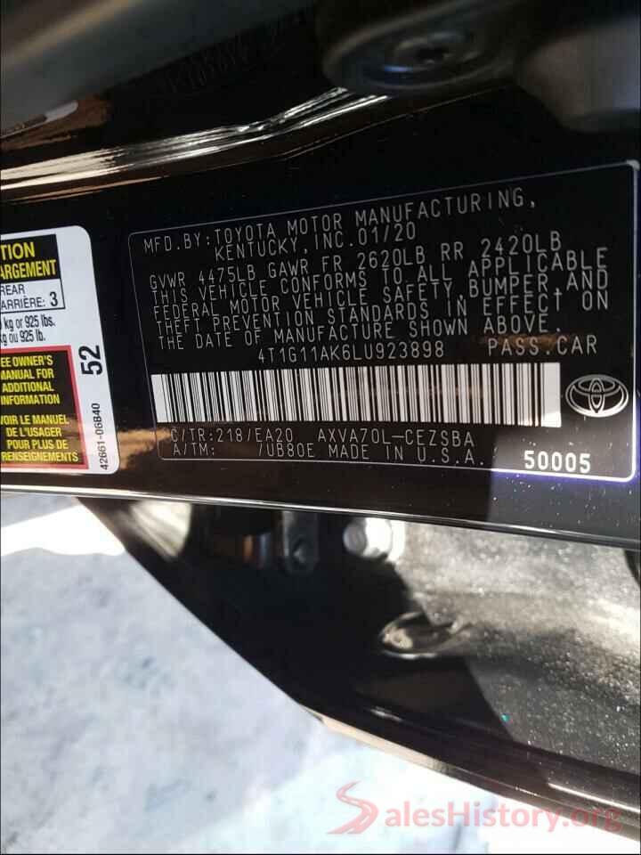 4T1G11AK6LU923898 2020 TOYOTA CAMRY