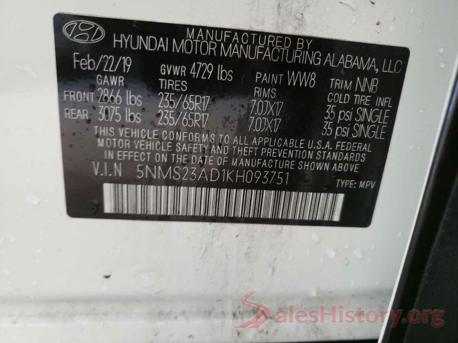 5NMS23AD1KH093751 2019 HYUNDAI SANTA FE