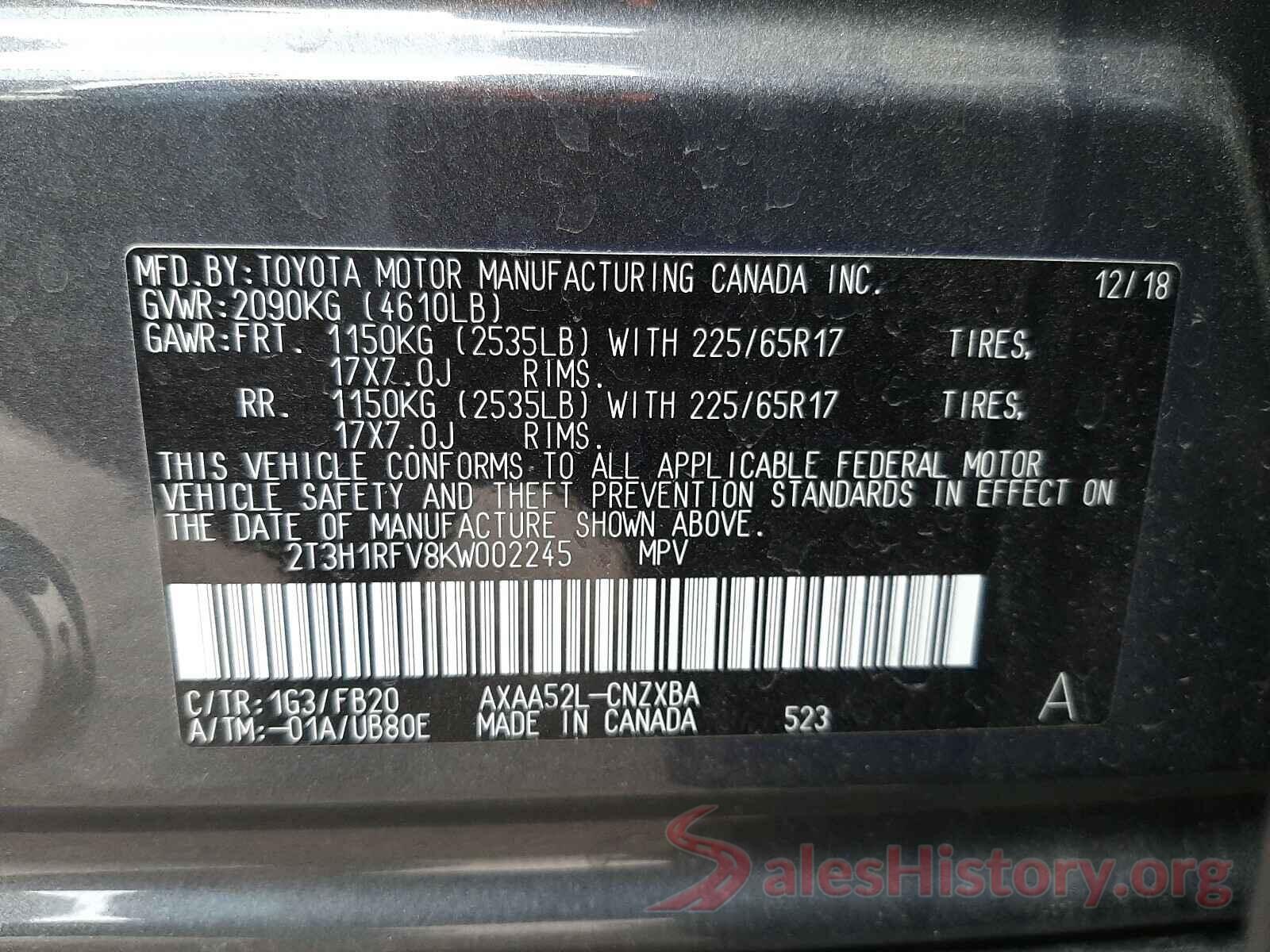 2T3H1RFV8KW002245 2019 TOYOTA RAV4