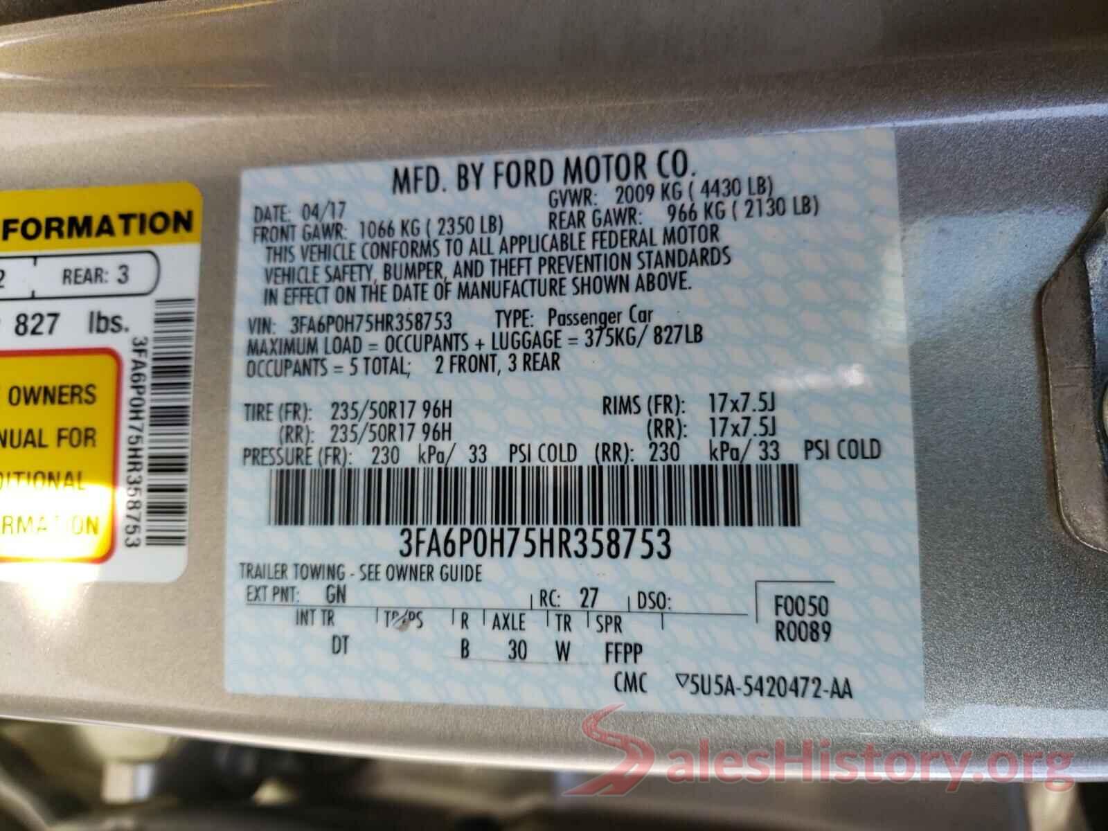 3FA6P0H75HR358753 2017 FORD FUSION