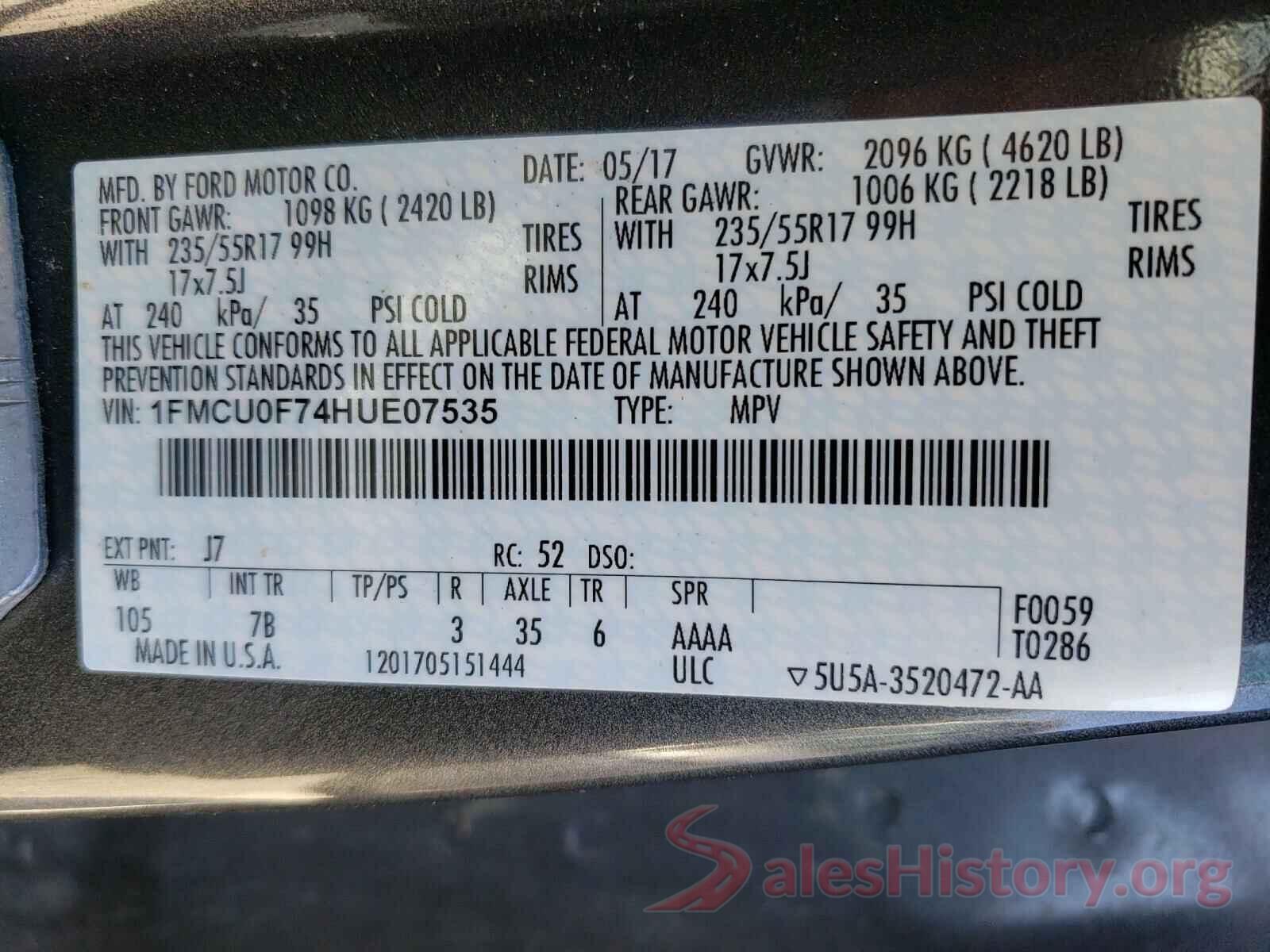 1FMCU0F74HUE07535 2017 FORD ESCAPE