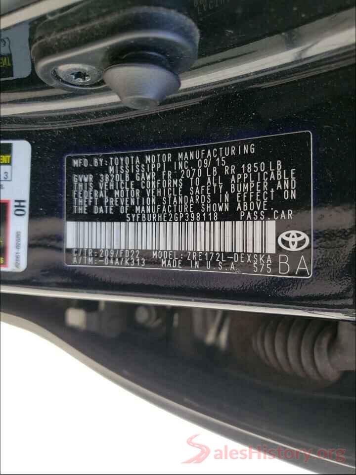 5YFBURHE2GP398118 2016 TOYOTA COROLLA