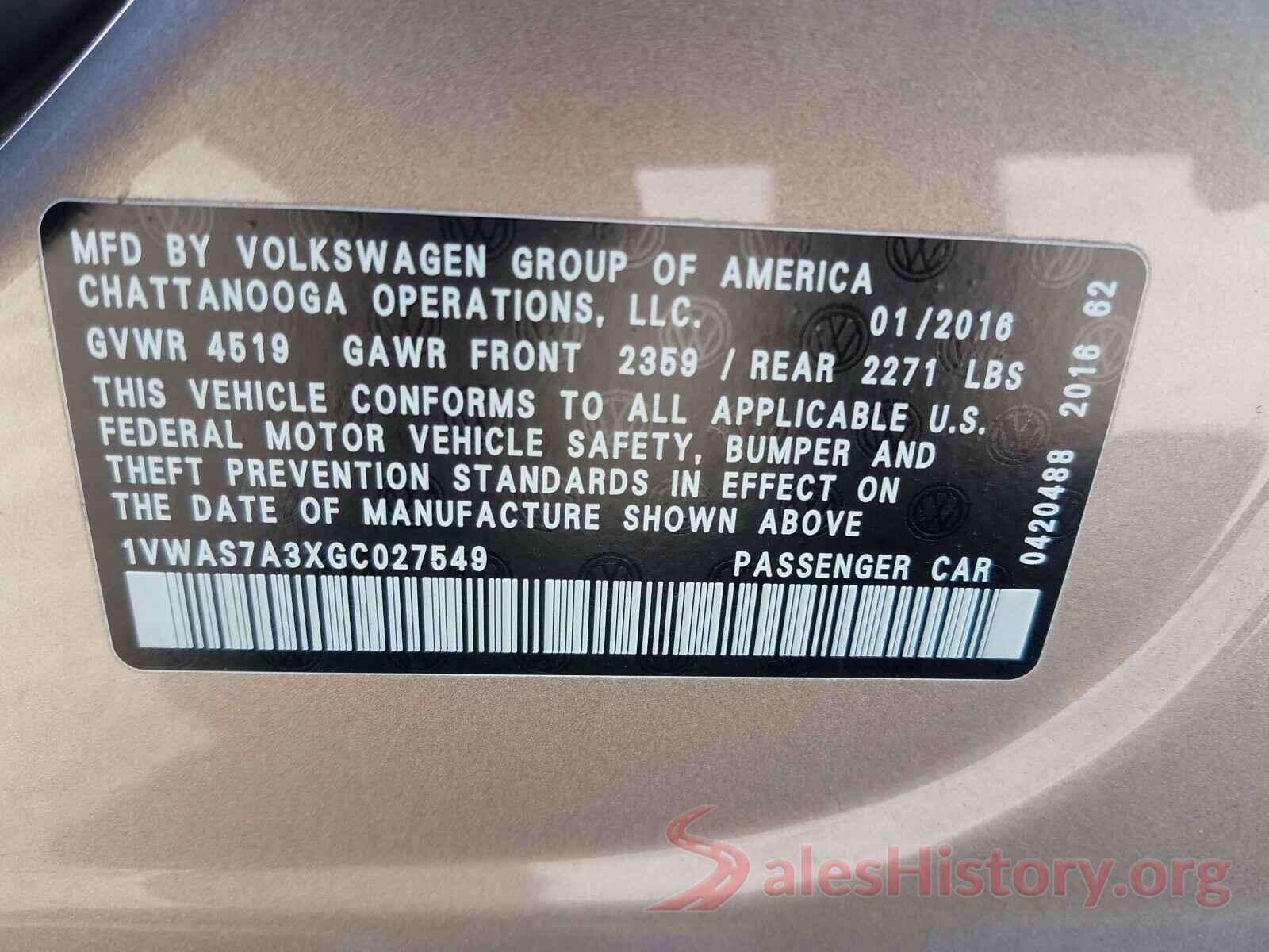 1VWAS7A3XGC027549 2016 VOLKSWAGEN PASSAT