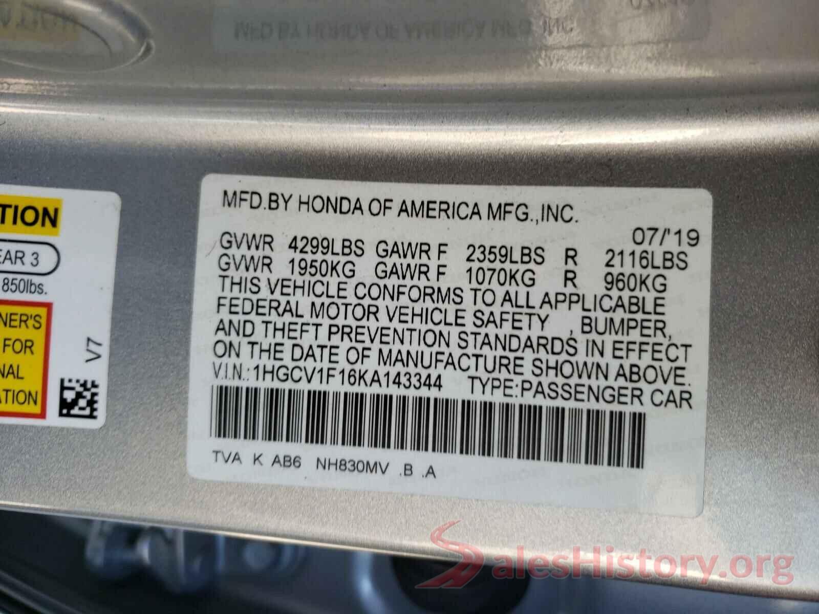 1HGCV1F16KA143344 2019 HONDA ACCORD