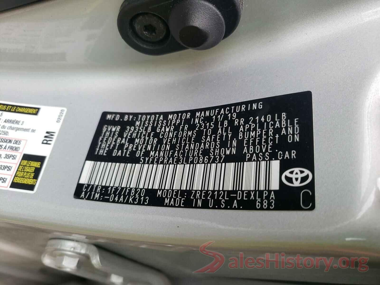 5YFEPRAE3LP086737 2020 TOYOTA COROLLA