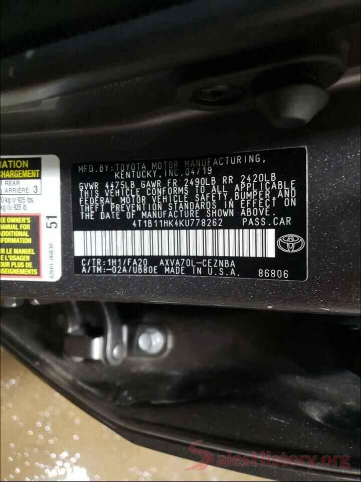 4T1B11HK4KU778262 2019 TOYOTA CAMRY