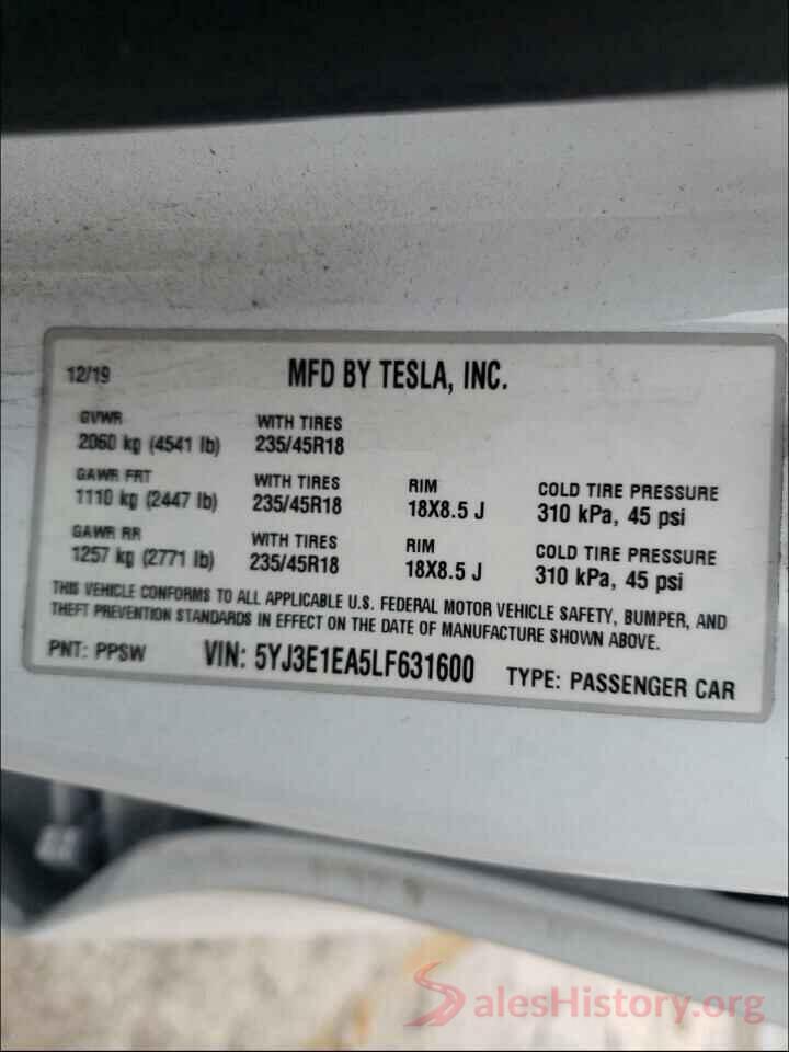 5YJ3E1EA5LF631600 2020 TESLA MODEL 3