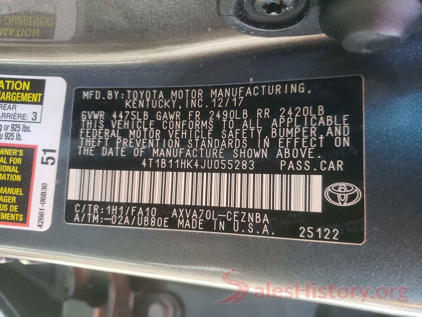 4T1B11HK4JU055283 2018 TOYOTA CAMRY