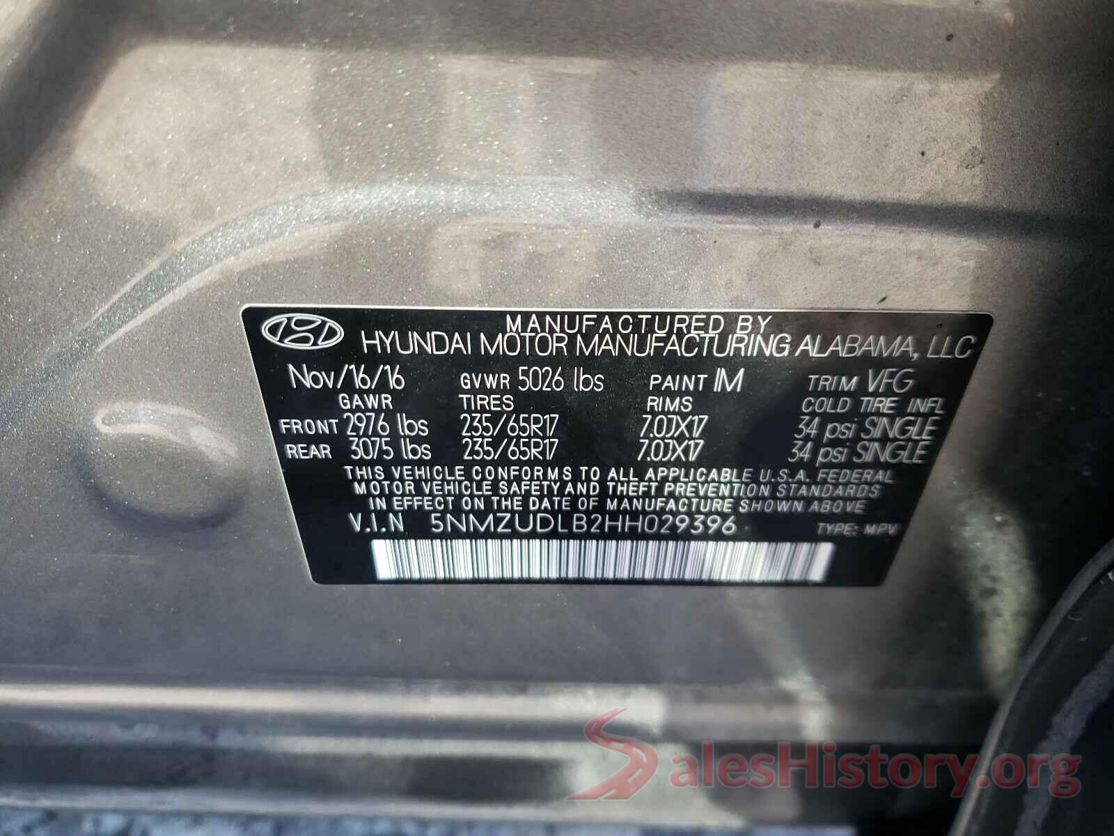 5NMZUDLB2HH029396 2017 HYUNDAI SANTA FE