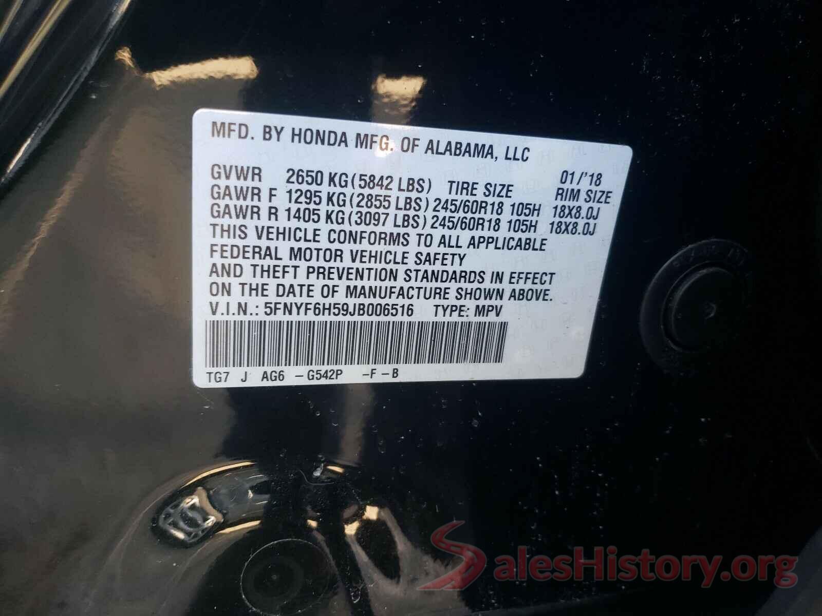 5FNYF6H59JB006516 2018 HONDA PILOT