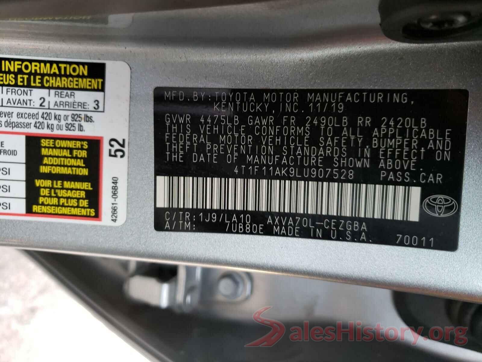 4T1F11AK9LU907528 2020 TOYOTA CAMRY