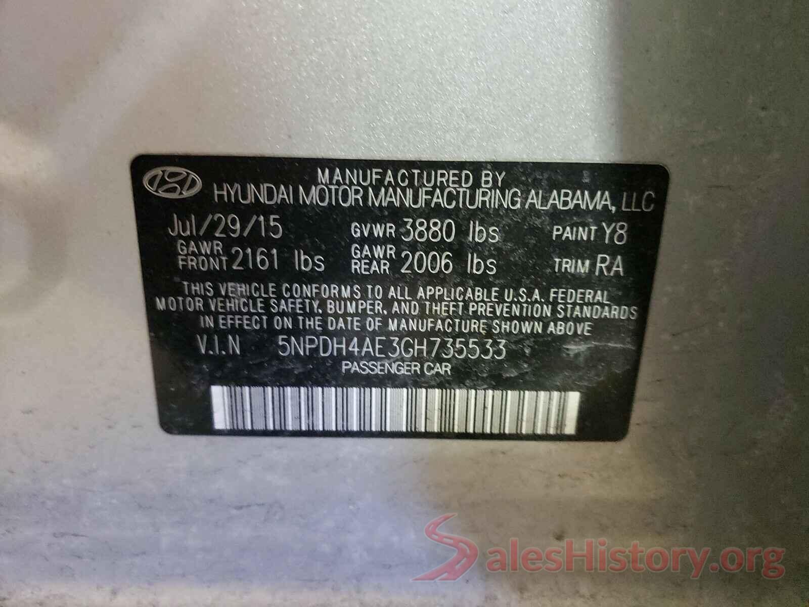 5NPDH4AE3GH735533 2016 HYUNDAI ELANTRA