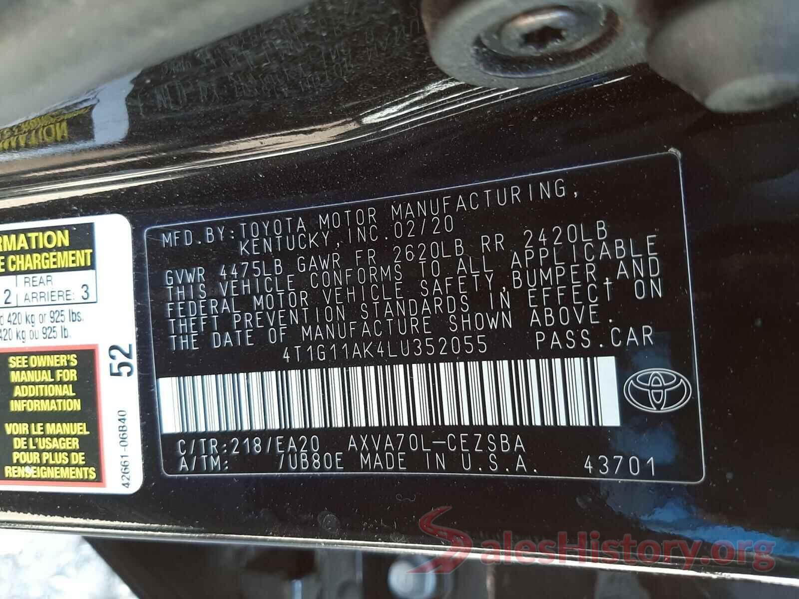 4T1G11AK4LU352055 2020 TOYOTA CAMRY