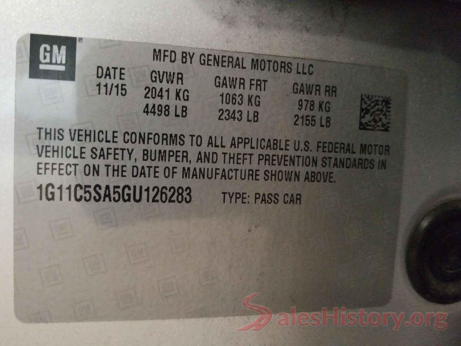 1G11C5SA5GU126283 2016 CHEVROLET MALIBU