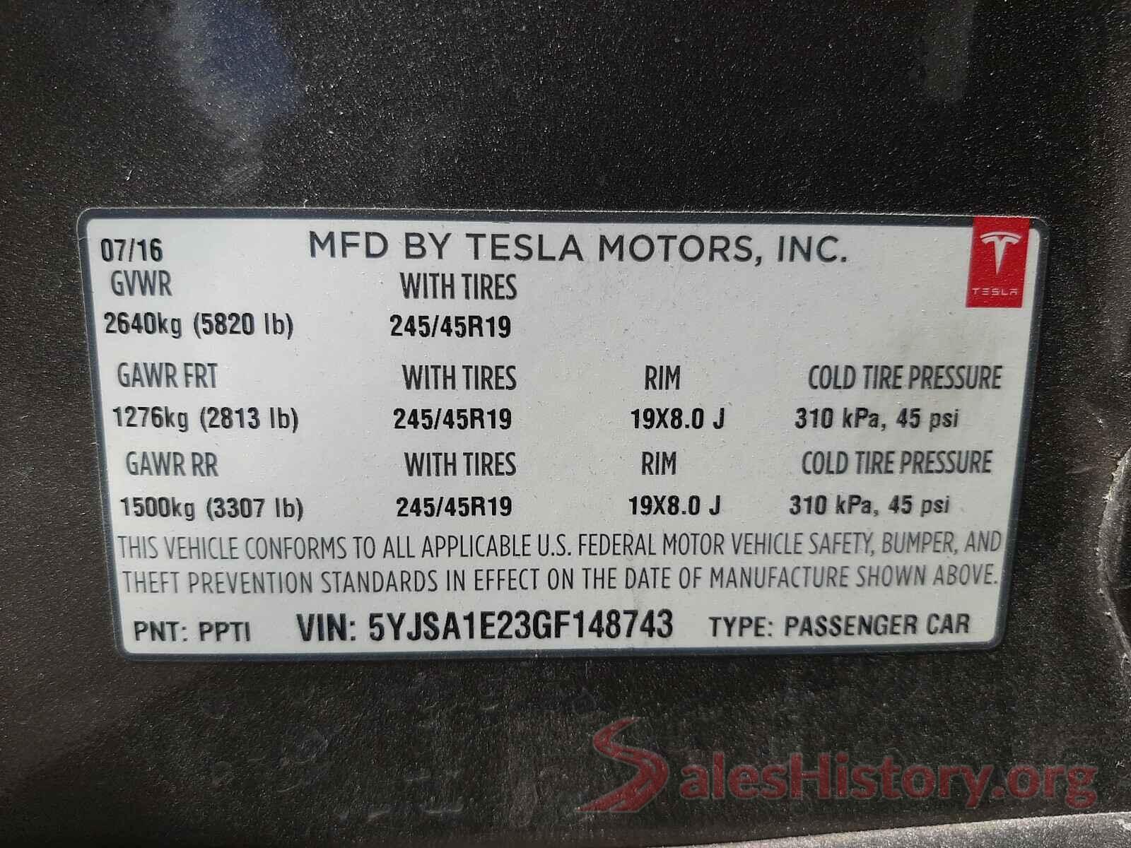 5YJSA1E23GF148743 2016 TESLA MODEL S