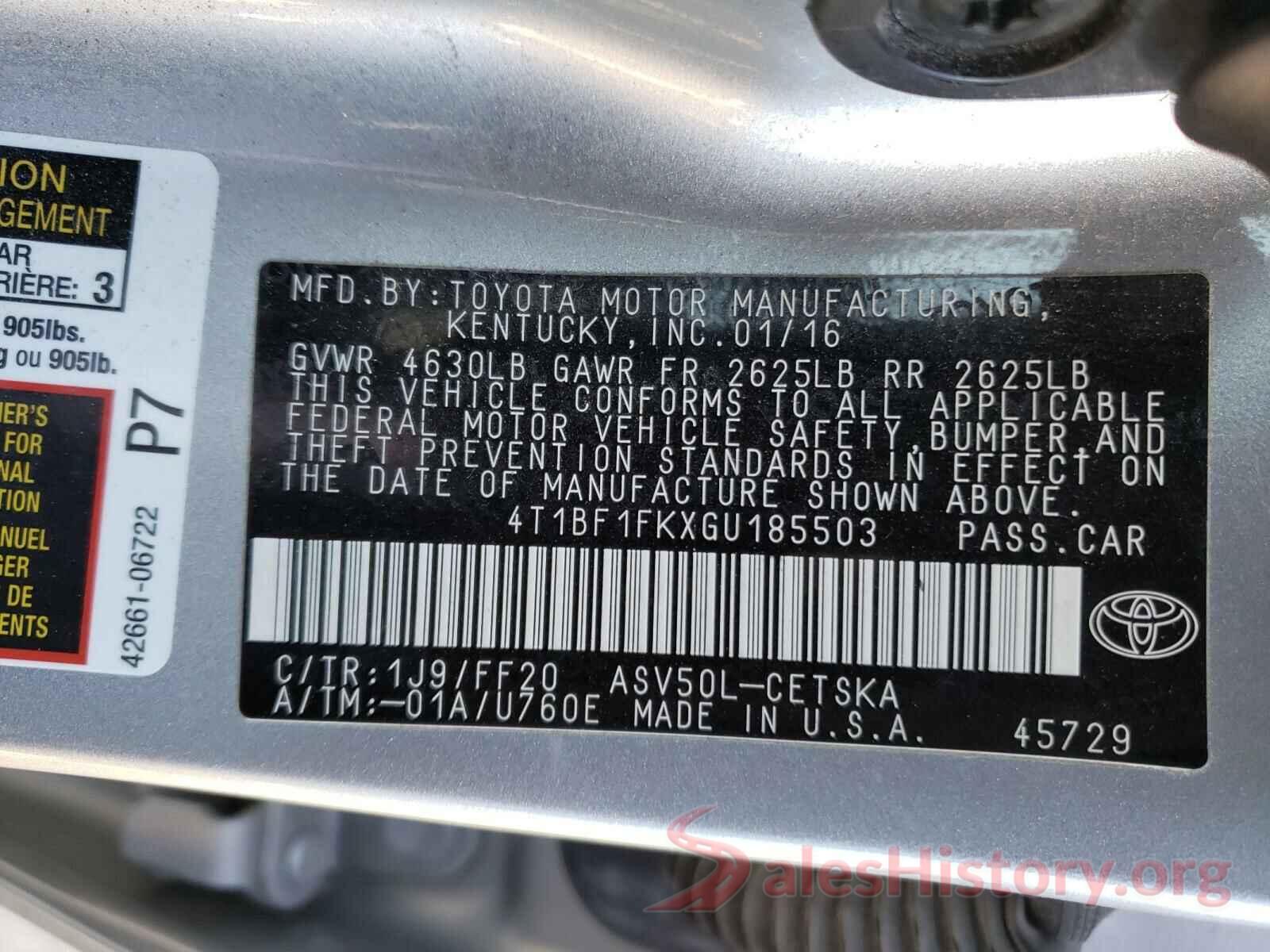 4T1BF1FKXGU185503 2016 TOYOTA CAMRY