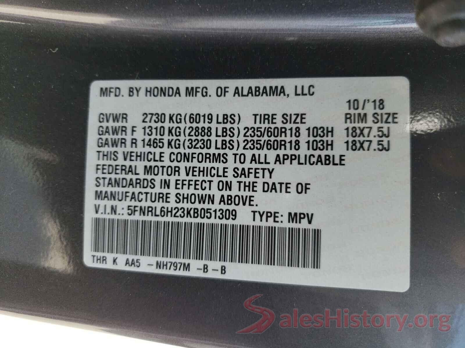 5FNRL6H23KB051309 2019 HONDA ODYSSEY