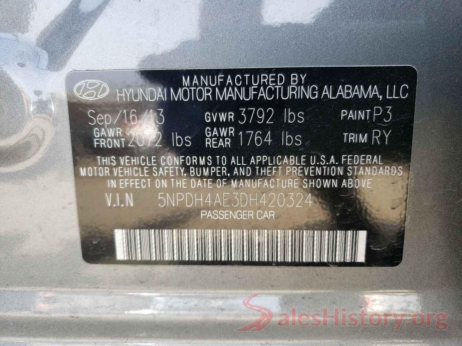 5NPDH4AE3DH420324 2013 HYUNDAI ELANTRA