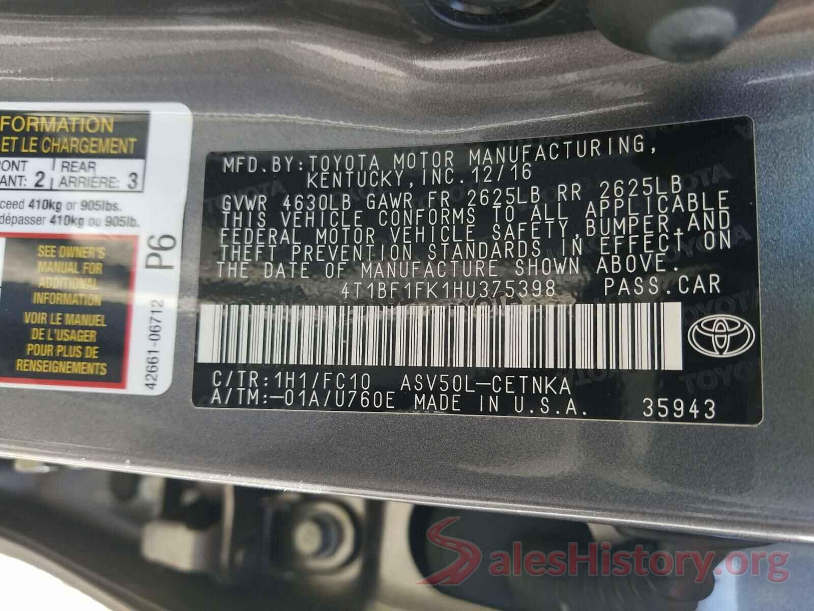 4T1BF1FK1HU375398 2017 TOYOTA CAMRY