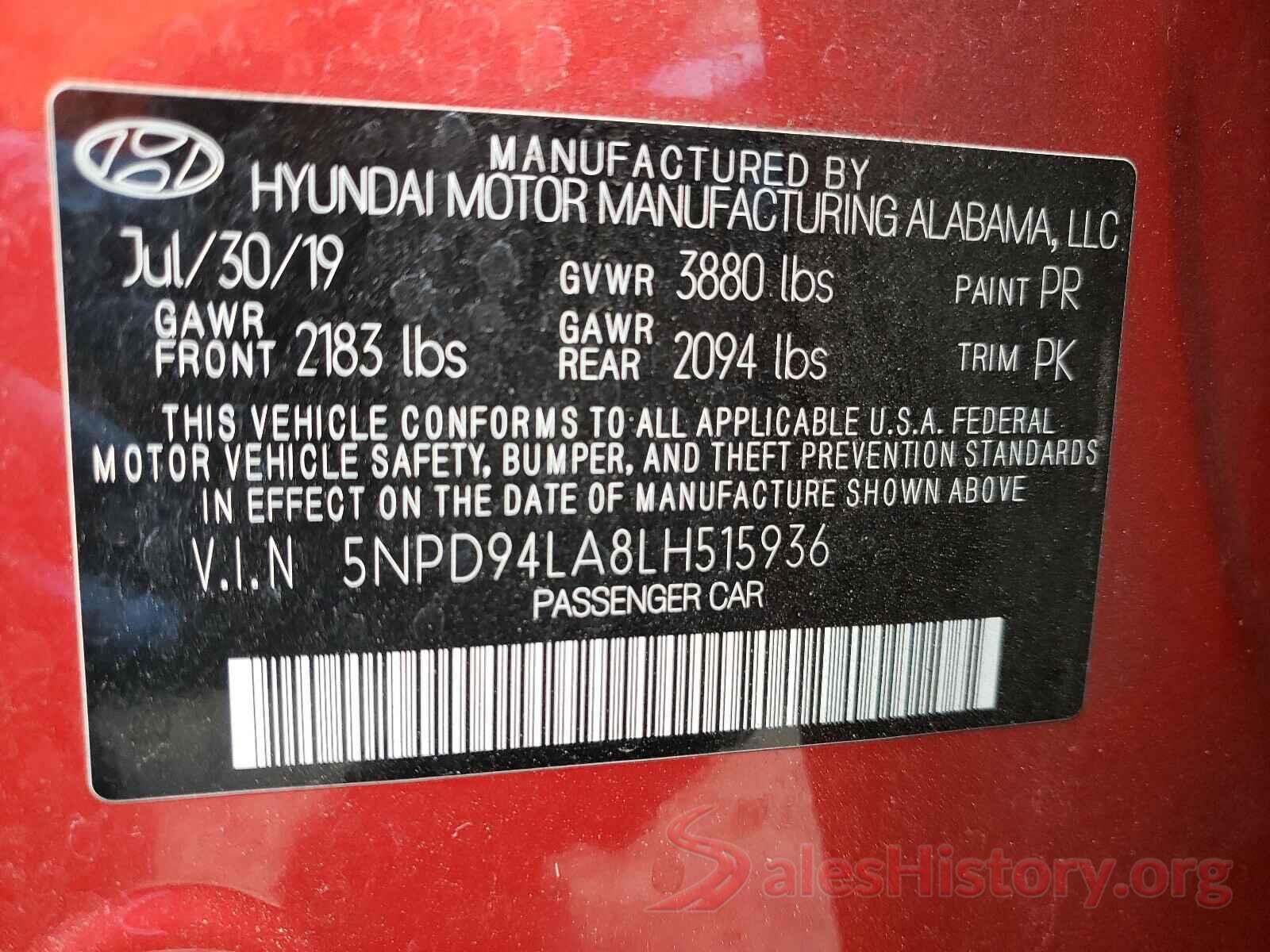 5NPD94LA8LH515936 2020 HYUNDAI ELANTRA