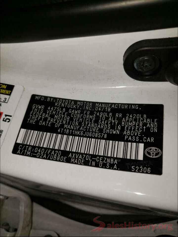 4T1B11HK6JU608578 2018 TOYOTA CAMRY