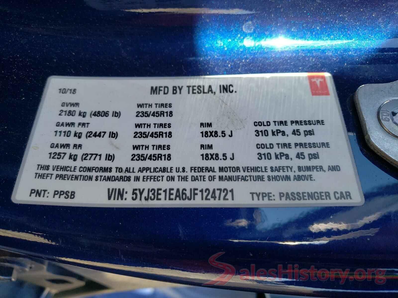 5YJ3E1EA6JF124721 2018 TESLA MODEL 3