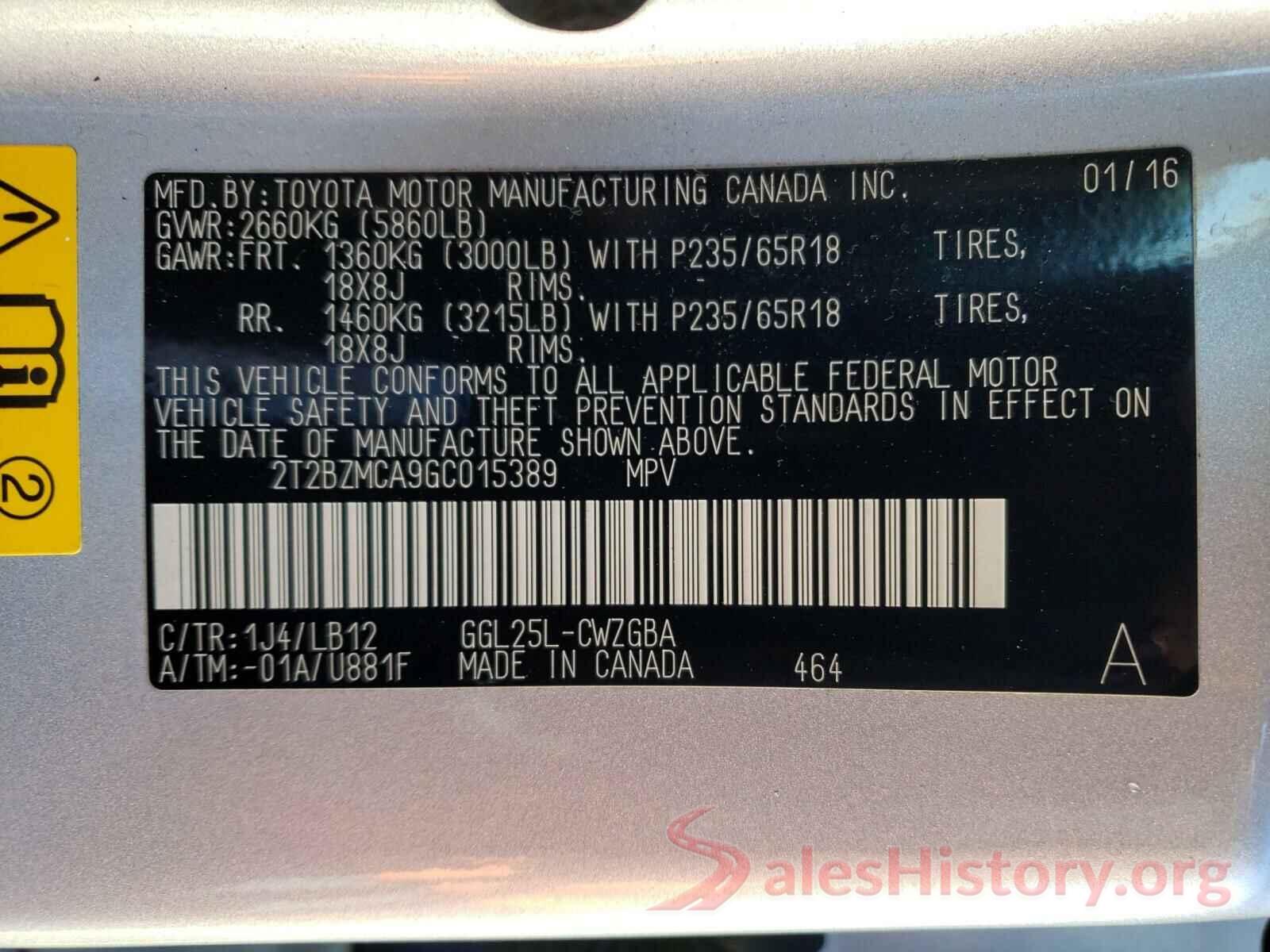 2T2BZMCA9GC015389 2016 LEXUS RX350