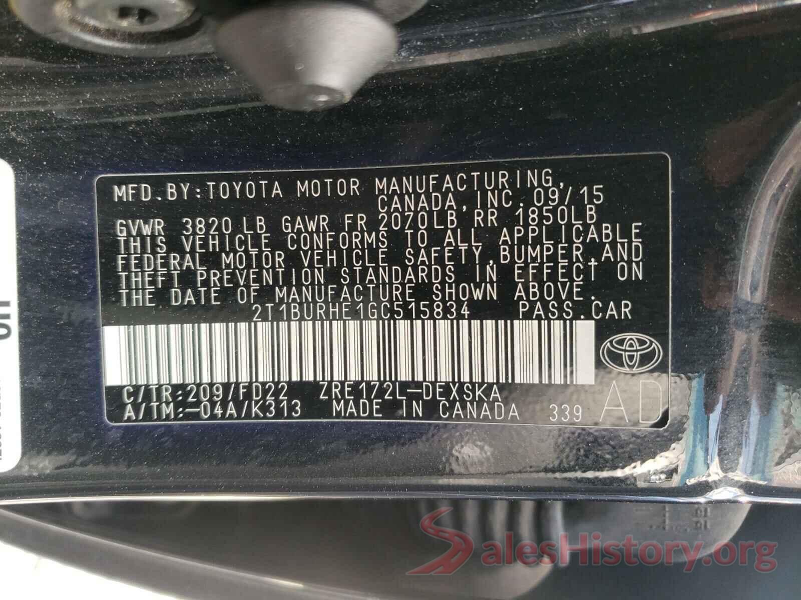 2T1BURHE1GC515834 2016 TOYOTA COROLLA