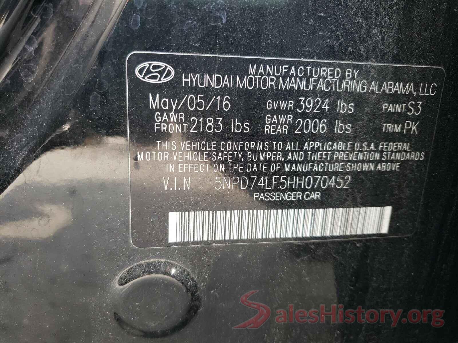 5NPD74LF5HH070452 2017 HYUNDAI ELANTRA