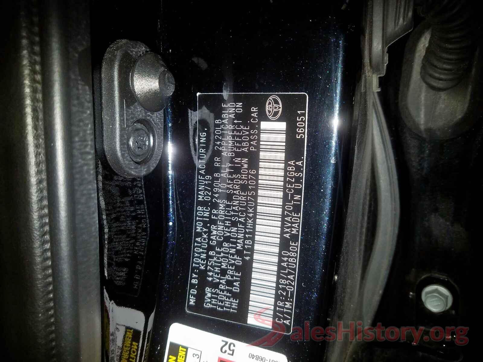 4T1B11HK4KU751076 2019 TOYOTA CAMRY