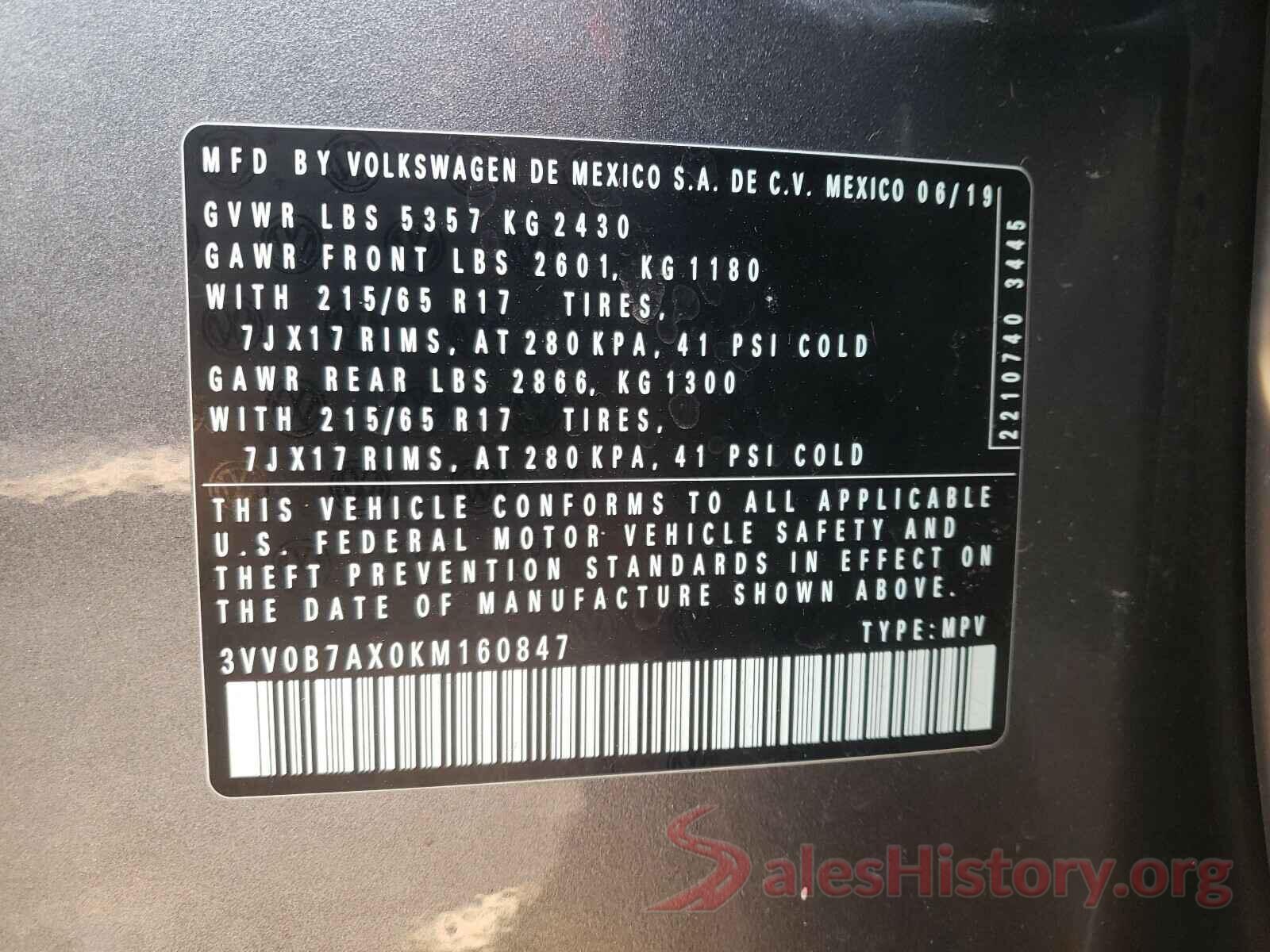 3VV0B7AX0KM160847 2019 VOLKSWAGEN TIGUAN