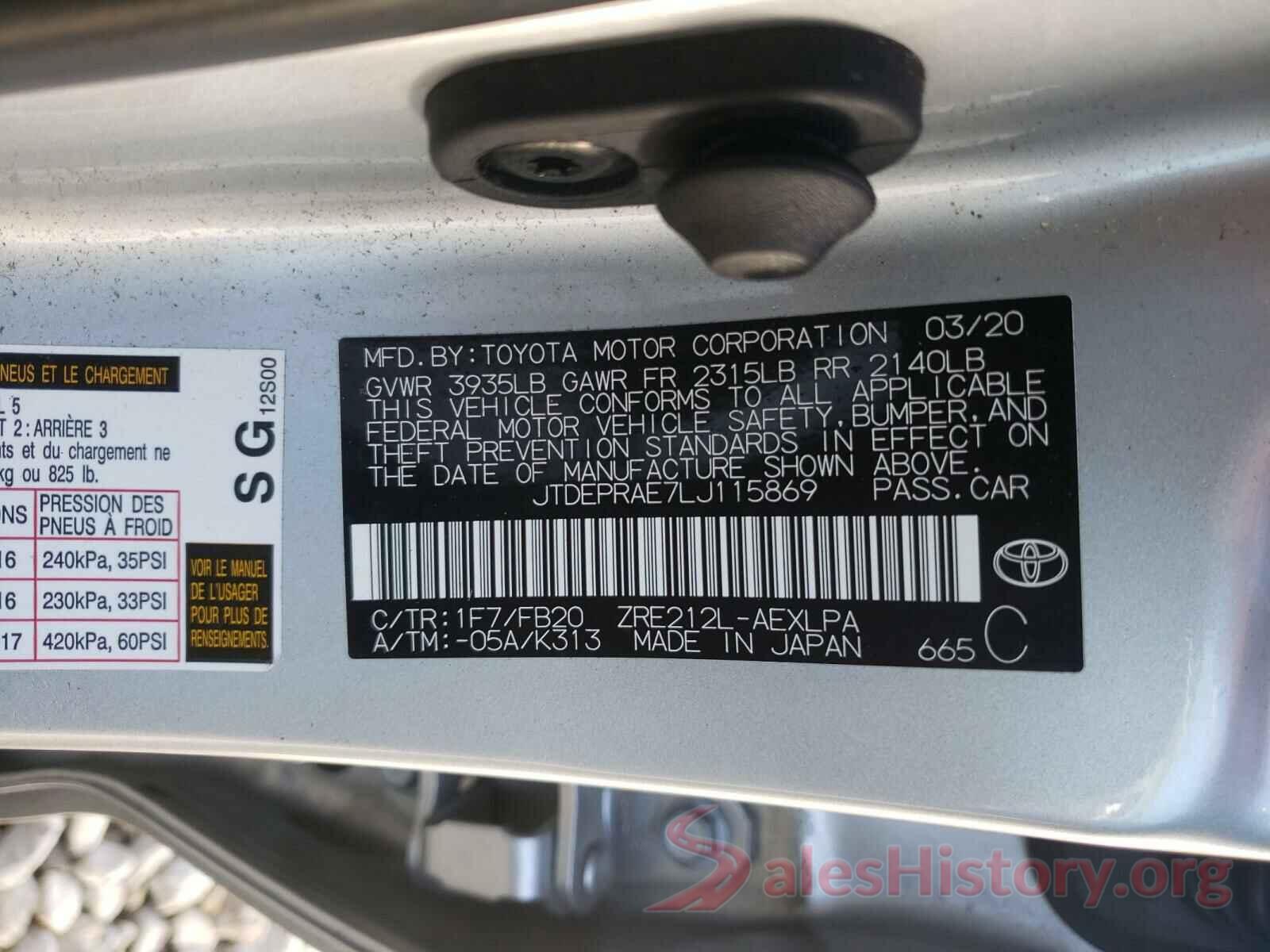 JTDEPRAE7LJ115869 2020 TOYOTA COROLLA