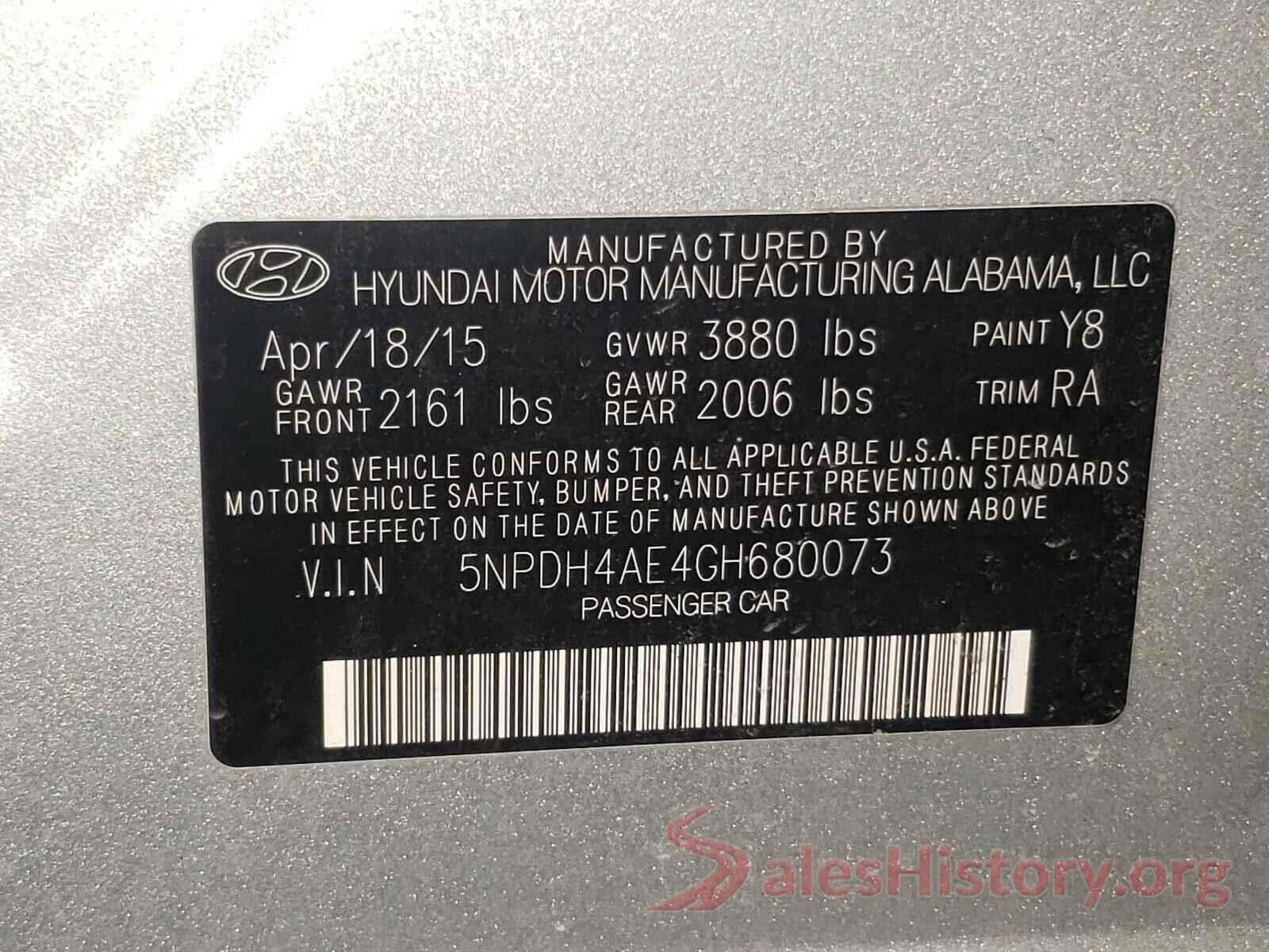 5NPDH4AE4GH680073 2016 HYUNDAI ELANTRA