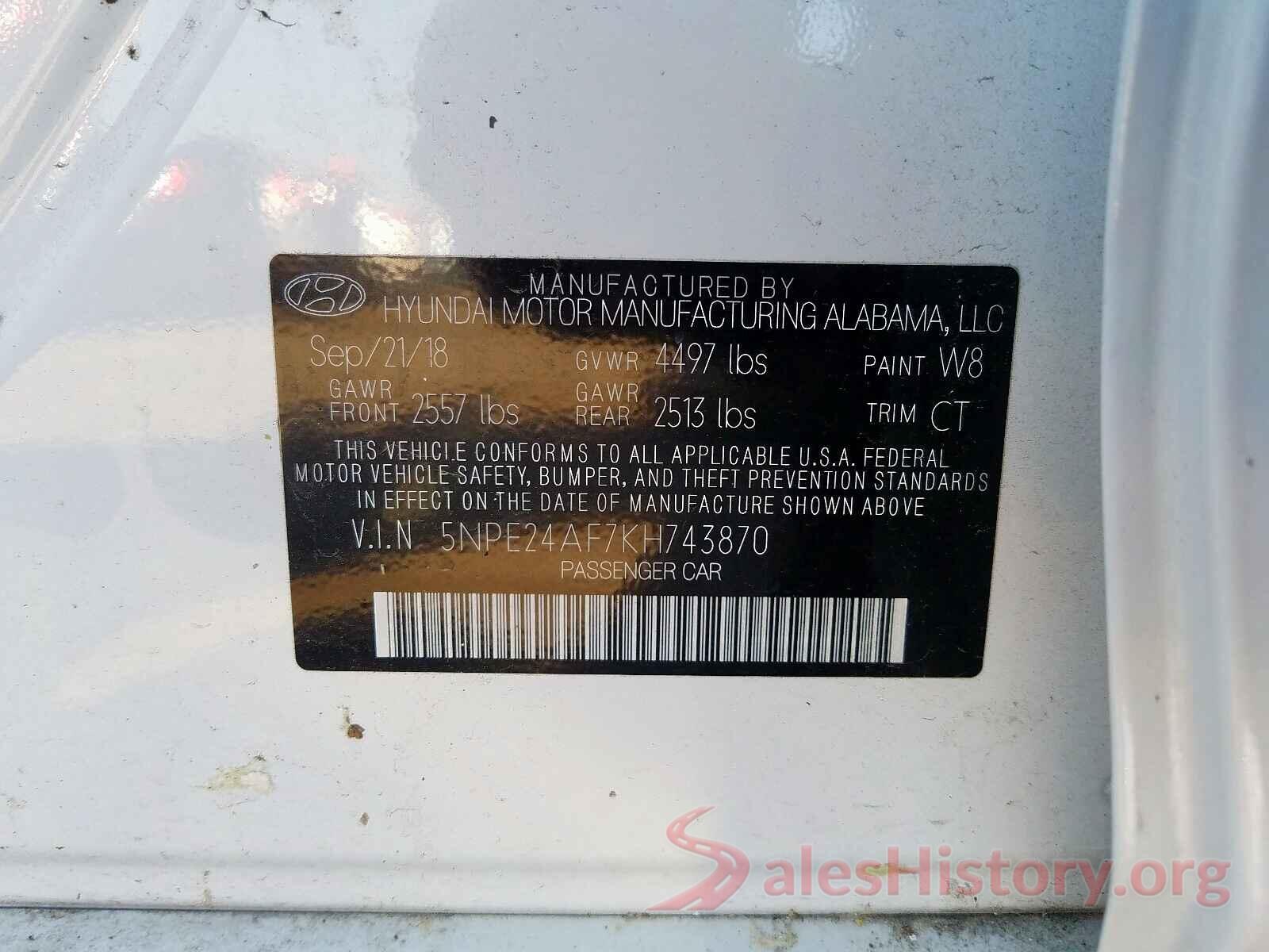 5NPE24AF7KH743870 2019 HYUNDAI SONATA