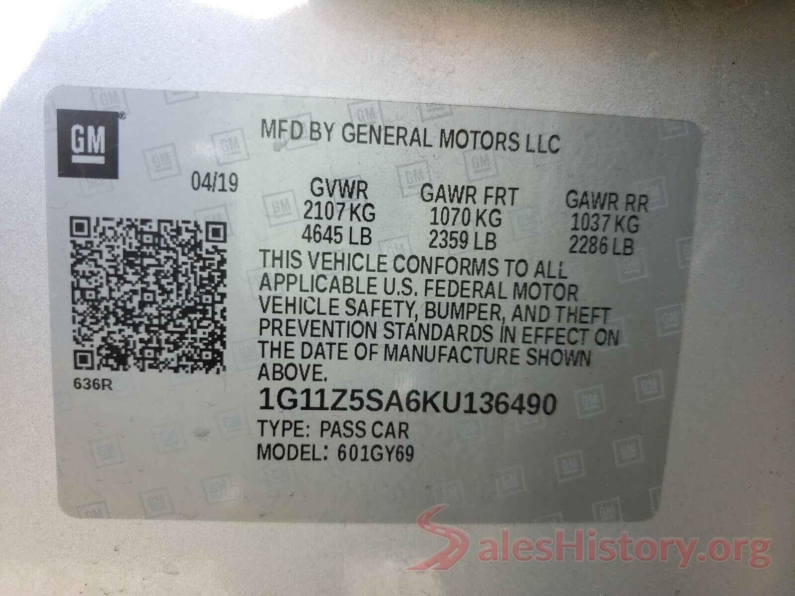 1G11Z5SA6KU136490 2019 CHEVROLET IMPALA